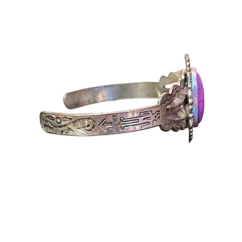 Native Style Purple Stone Silver Tone Bangle - Picture 4 of 5
